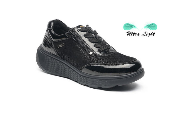GComfort S-2725SF Women’s Black Patent Leather Waterproof Sneakers – Wide Fit Trainers with Zip & La